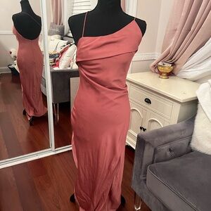 Elegant Asymmetrical Satin Maxi Dress in Dusty Rose